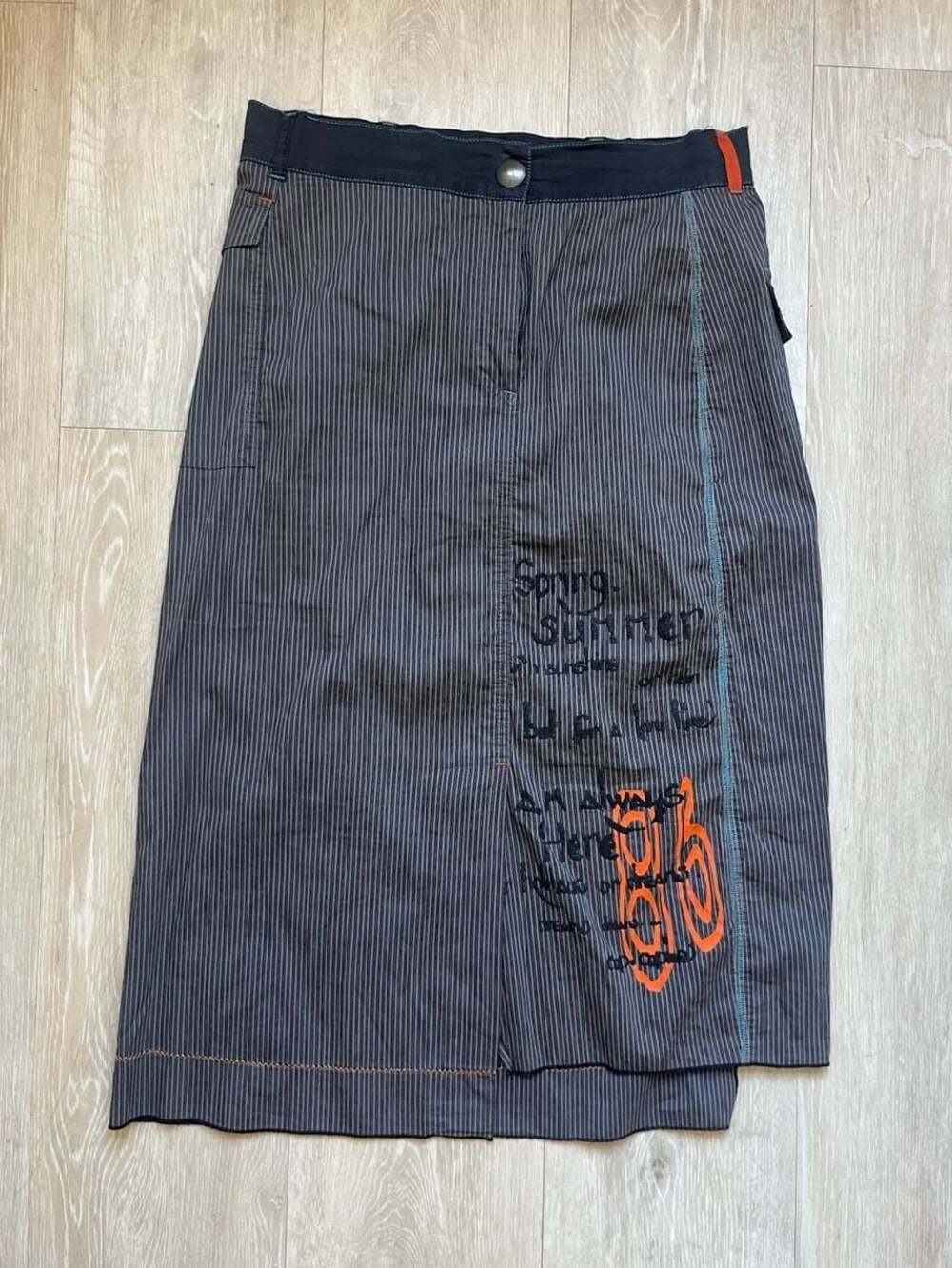 Cop. Copine Vintage Pinstriped 'Spring/Summer 86' Graphic Midi Skirt